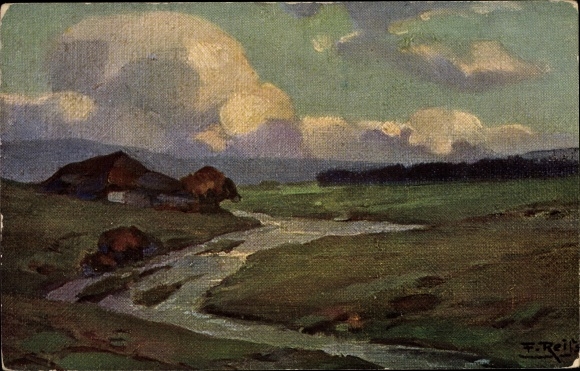 Artist PC Reiss, Fritz, landscape with river and farm, clouds, Black Forest