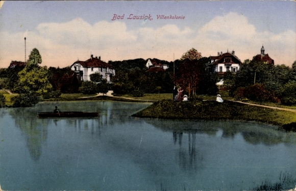 Ak Bad Lausick in Sachsen, Landschaft mit See, Gebäude, Bäume, Figuren