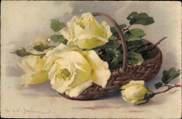 Artist Chromo-Litho Klein, Catharina, Yellow Roses, Korb, Meissner &amp; Buch 1934