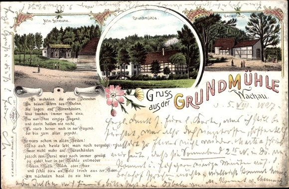 Chromo-Litho Wachau Sachsen, greetings from the ground mill, old barn, garden shed