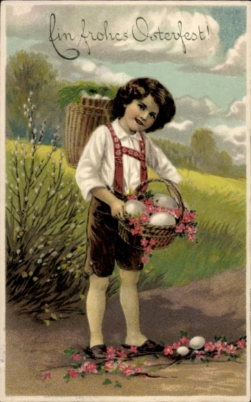 Präge Ak Glückwunsch Ostern, Junge, Korb mit Ostereiern