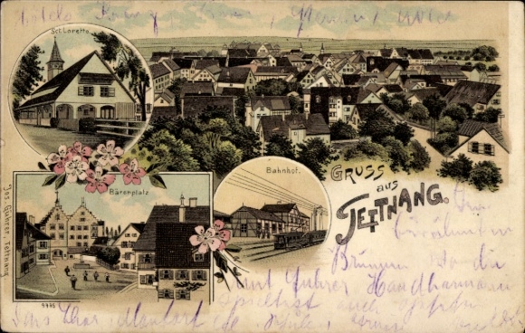 Litho Tettnang in Württemberg, Bahnhof, Bärenplatz, St. Loretto, Panorama