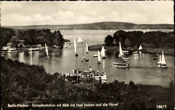 Ak Berlin Spandau Kladow, Dampferstation, Insel Imchen und Havel, Segelboote