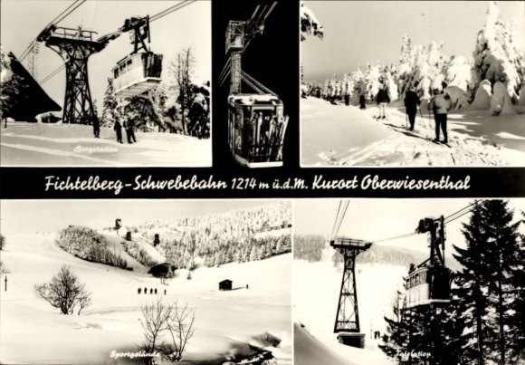 Ak Oberwiesenthal im Erzgebirge, Fichtelberg-Schwebebahn, verschneite Landschaft, Menschen, Gonde