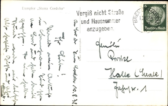 Postcard KdF steamer Sierra Cordoba