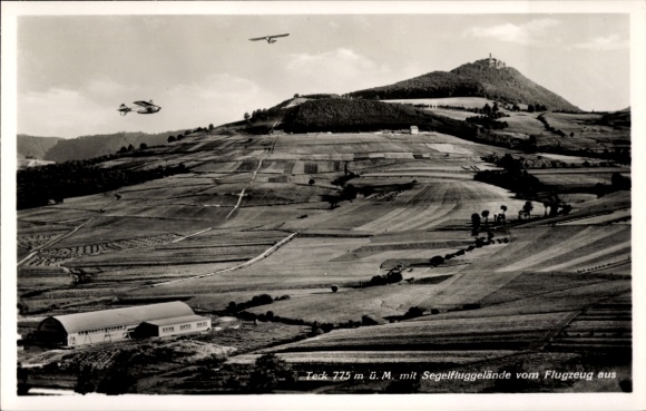 Postcard Ochsenwang Bissingen an der Teck, Randecker Maar, Teck, gliding field, landscape, airplane