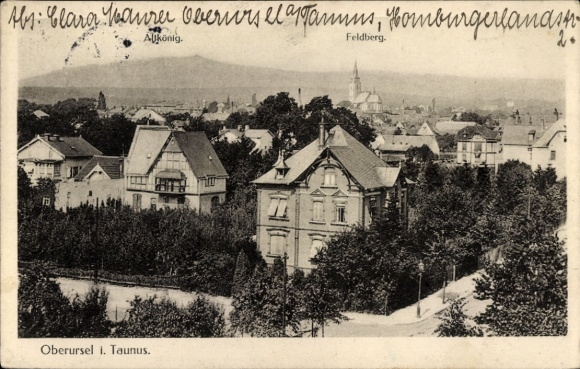 Postcard Oberursel in the Taunus Hessen, front view of Oberursel, Feldberg in the background, architecture