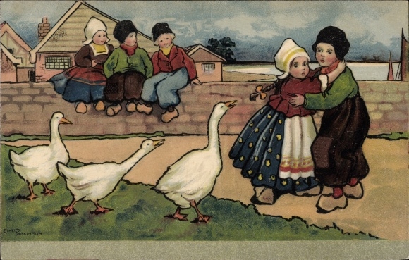 Künstler Ak Parkinson, Ethel, Kinder in niederländischer Tracht, Gänse