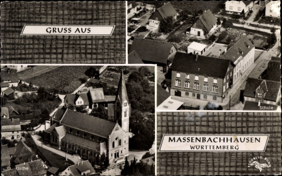 Postcard Massenbachhausen in Württemberg, aerial photos of the place, church