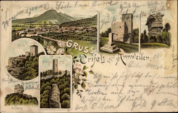 Chromo-Litho Annweiler am Trifels Palatinate, Trifels castle ruins, Scharfenberg, Anebos
