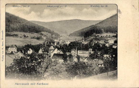Postcard Bad Herrenalb in the Black Forest, Herrenalb with spa house, landscape, mountains, buildings