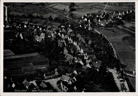 Postcard Zaberfeld in Württemberg, aerial view of residential buildings, fields, streets, landscape