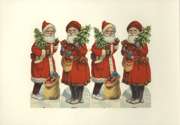 Oblaten blok van 4 kerstmannen in rode jassen, afmeting ca. 14,5 x 20 cm