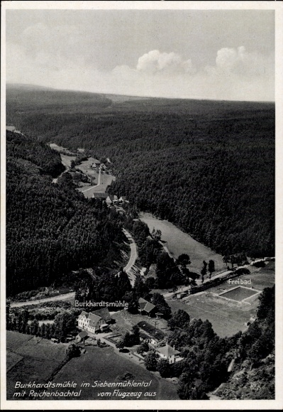 Postcard Waldenbuch in Württemberg, aerial photograph, Burkhardtsmühle, outdoor pool, Siebenmühlental
