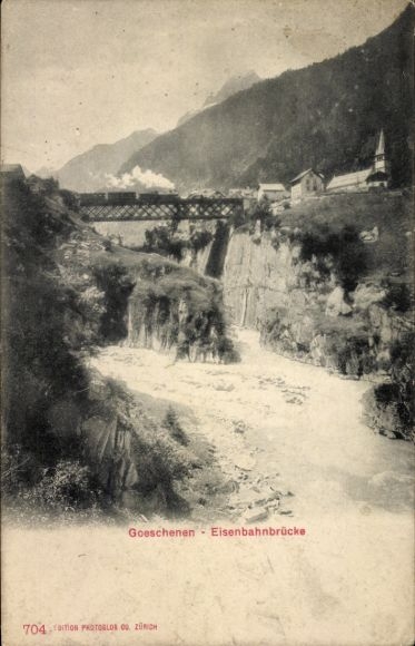 KP Göschenen Goeschenen Canton Uri, railway bridge, river, Mountains, town Goeschenen
