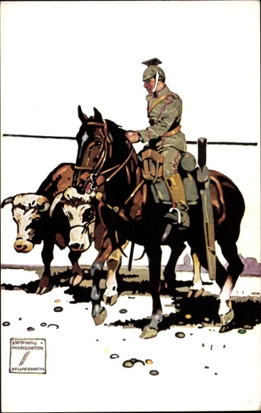 Artist PC Hohlwein, Ludwig, German soldier on a horse, cattle, draft animals