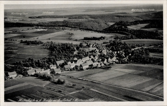 Postcard Michelbach an der Heide Gerabronn, aerial photograph, west view, rural landscape, several houses
