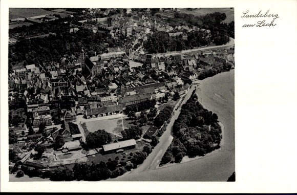 Postcard Landsberg am Lech Upper Bavaria, aerial view of city view, river view