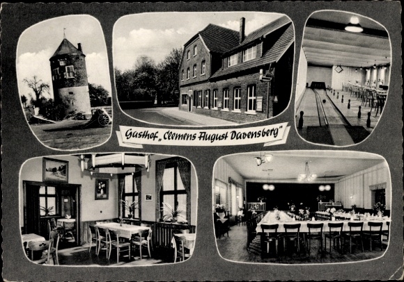 Postcard Davensberg Ascheberg near Münster, Gasthof Clemens August, bowling alley, Daverturm