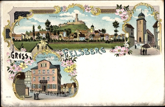 Chromo-Litho Felsberg in Hesse, Felsburg, Church, Restaurant zur Krone, owner W. Richter