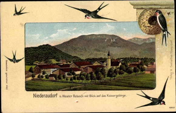Chromo-Litho Niederaudorf Oberaudorf in Upper Bavaria, Reisach Monastery, Kaiser Mountains, Swallows