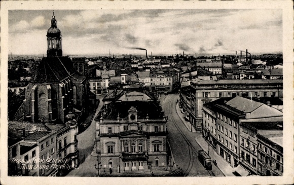 Ak Opava Troppau Region Mährisch Schlesien, Stadtansicht, Theater, Pfarrkirche, historische Ar...