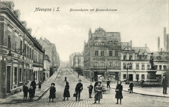 Ak Meerane in Sachsen, Bismarckplatz, Bismarckstraße, Bismarckdenkmal