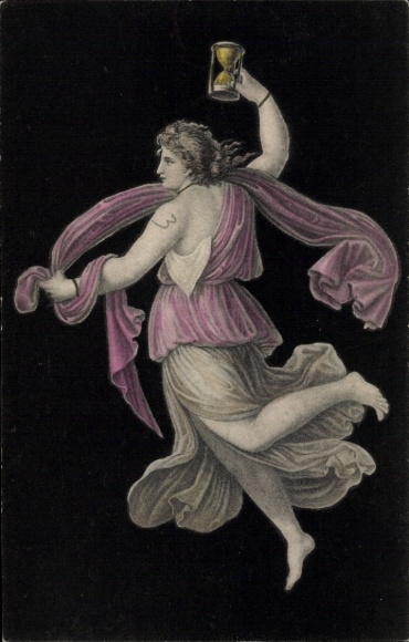 Postcard woman with hourglass, hourglass, allegory time of day
