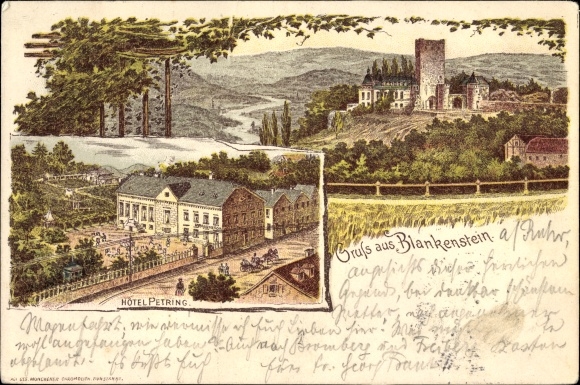 Vorläufer Litho Blankenstein Hattingen im Ennepe Ruhr Kreis, Hotel Petring, Burg, Turm, Kutschen