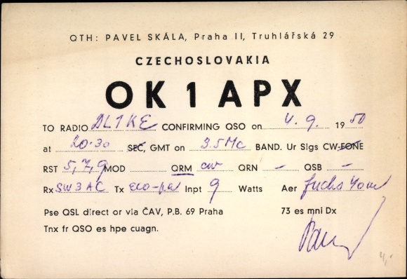 KP Czechy, karta radiowa, OK1APX, Pavel Skala, Praha II, Truhlarska 29