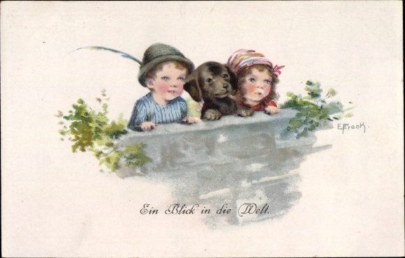 Artist Postcard Frank, E., A look into the world, children, dog