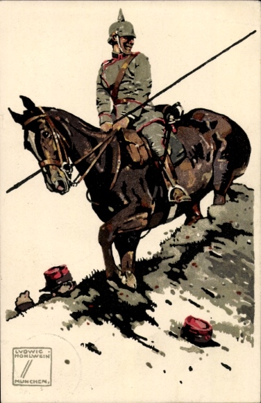Artist Postcard Hohlwein, Ludwig, German cavalryman, Frenchman