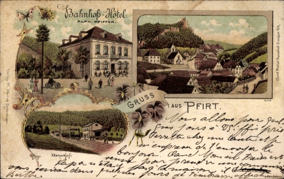 Chromo-Litho Pfirt Ferrette Alsace Haut Rhin, Station Hotel, owner Alph. Pfiffer, station, general view