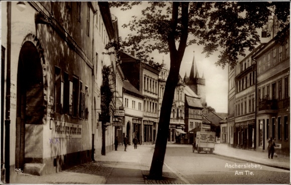 Postcard Aschersleben in the Salzlandkreis, street view, building, car, trees