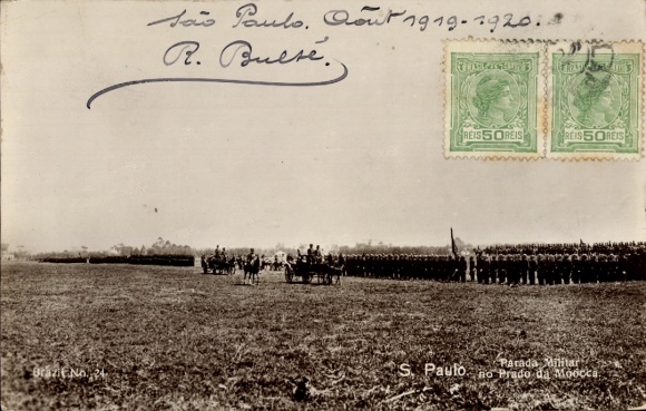 Ak São Paulo Brasilien, Militärparade, Pferde, Soldaten, Poststempel, Jahr 1919-1920