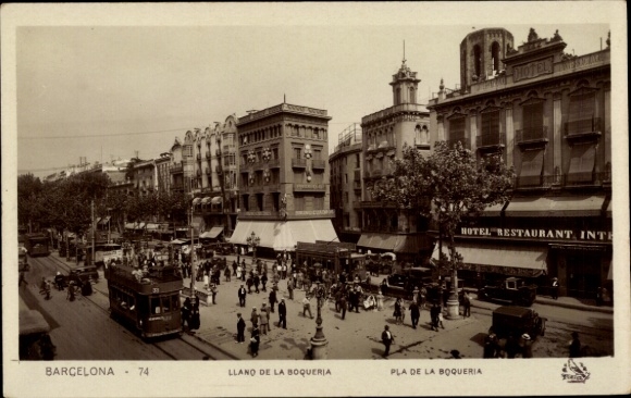 Postcard Barcelona Catalonia Spain, party on the square, tram, hotel