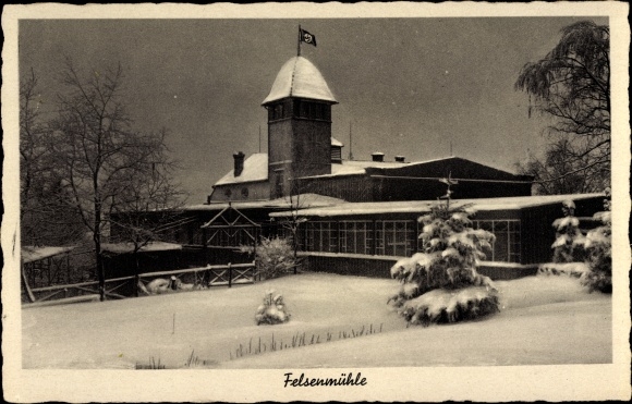Postcard Ebersbach in Sachsen, Restaurant Felsenmühle, winter view