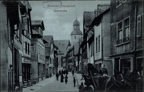 Ak Simmern in de wijk Rhein Hunsrück, kavel in Oberstrasse, koets, winkels, kerktoren