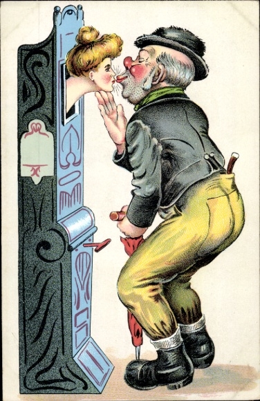 Postcard man at a machine, kissing machine