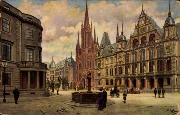 Ak Wiesbaden in Hessen, Schloßplatz  Schloß, Kirche, Rathaus, Brunnen,  Architektur
