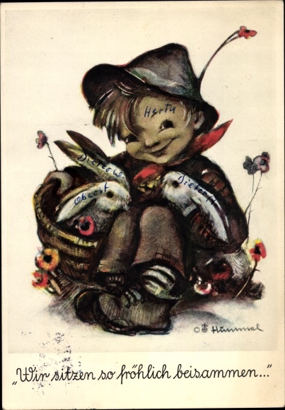 Artist PC Hummel, Berta, We sit together so happily, boy, rabbit, No. 4950