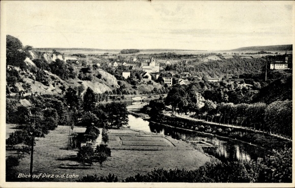 Ak Diez an der Lahn, Aussicht auf  Lahn, Fluss, Bäume, Gebäude