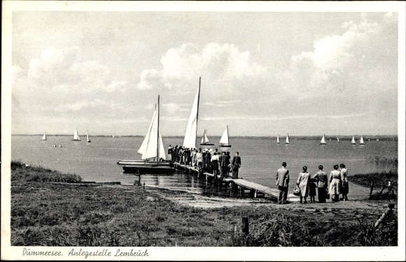 Ak Lembruch am Dümmersee, pier, zeilboten, Brinkmeyers Strandlust