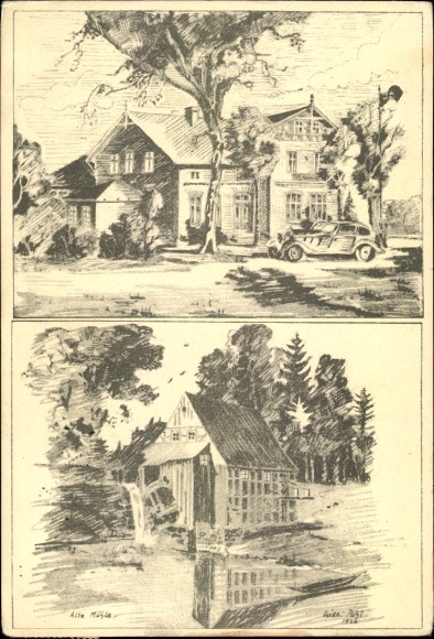 Kunstenaarskaart Willi Pahl, Dollern Nedersaksen, Hauschildts Gasthof, oude molen