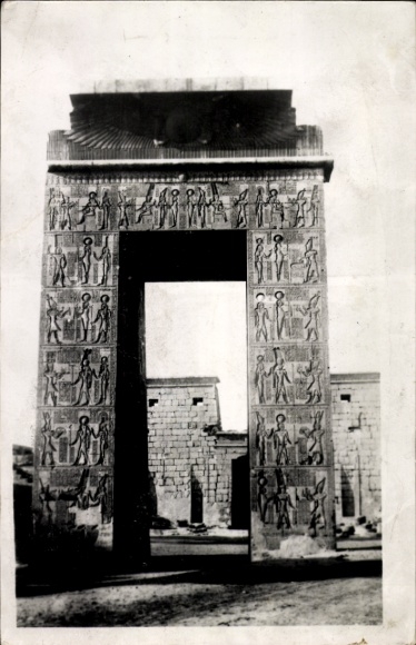 Postcard Karnak Egypt, North Gate, hieroglyphs, ancient depictions