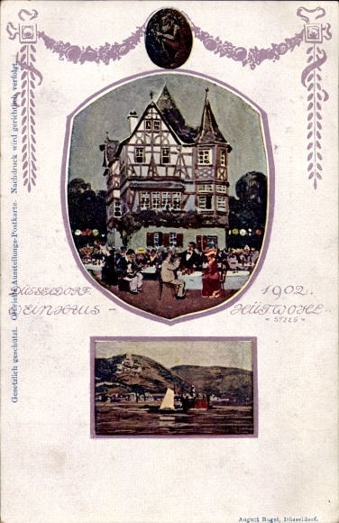 Postcard Düsseldorf am Rhein, restaurant, guests, sailboat, Gesolei