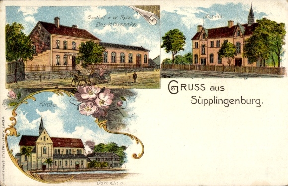 Chromo-Litho Süpplingenburg in Lower Saxony, Gasthof zum weissen Ross, school, church, domaine