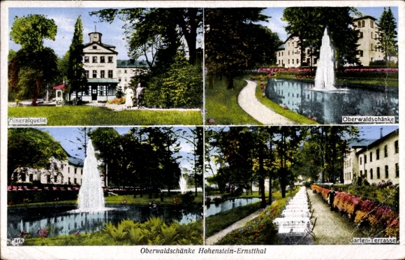 Ak Hohenstein Ernstthal in Sachsen, Oberwaldschänke, Park, Terrasse, Mineralquelle, Springbrunnen