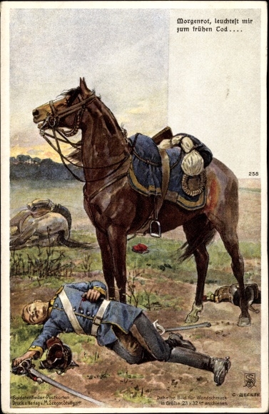 Artist Postcard Morgenrot shines on me to early death, dead soldier, horse