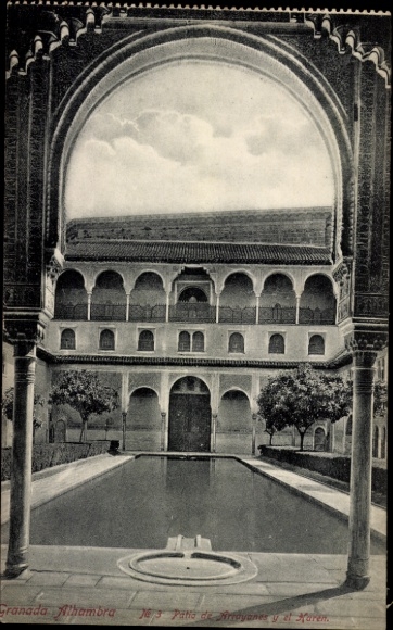 Postcard Granada Andalusia Spain, Alhambra, water basin, garden, architecture